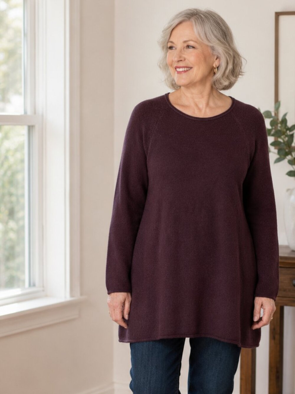 J. Jill 100% Merino Wool Washable Tunic Sweater XL Maroon Long Sleeve